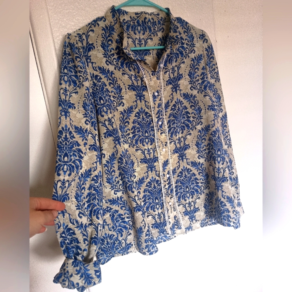 Blue and Cream Patterned Blouse